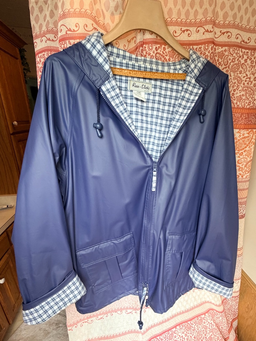 TC Navy Hooded Raincoat with Plaid Lining